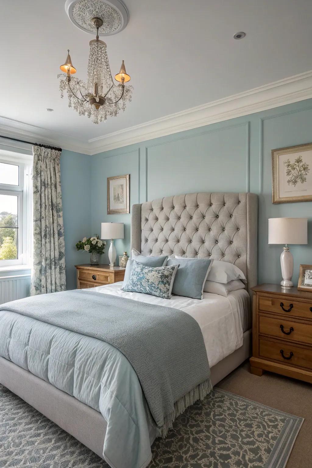 A serene bedroom featuring gentle azure walls and grey accents, crafting a peaceful escape.