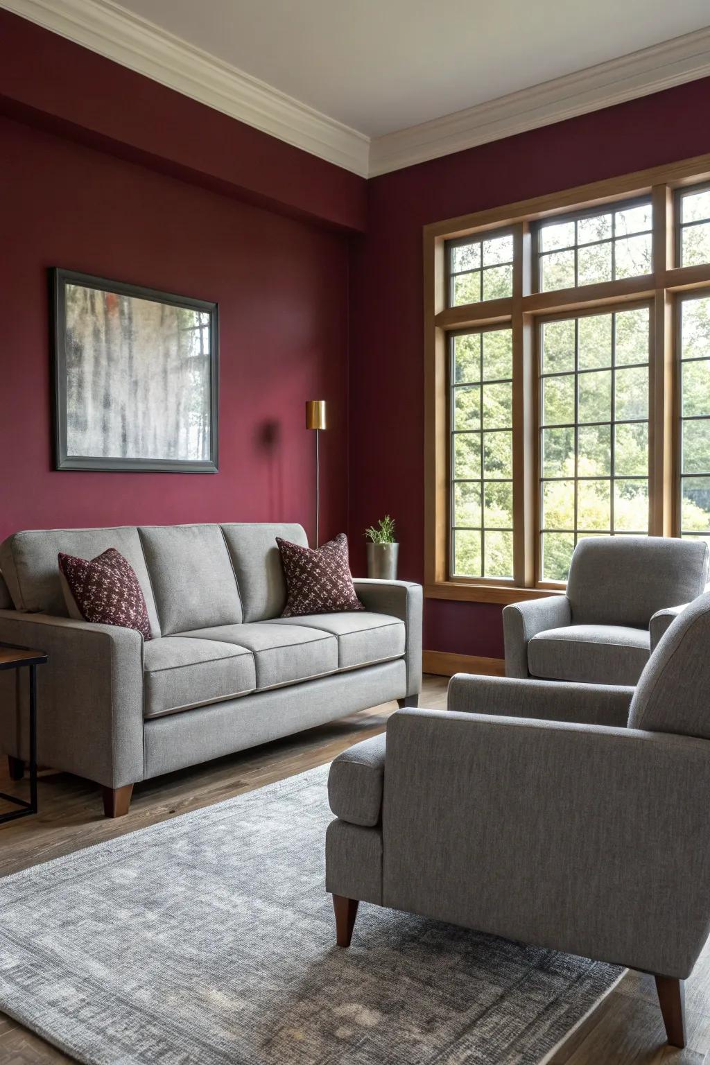 Living space showcasing a dramatic burgundy accent wall paired with modern grey furnishings.