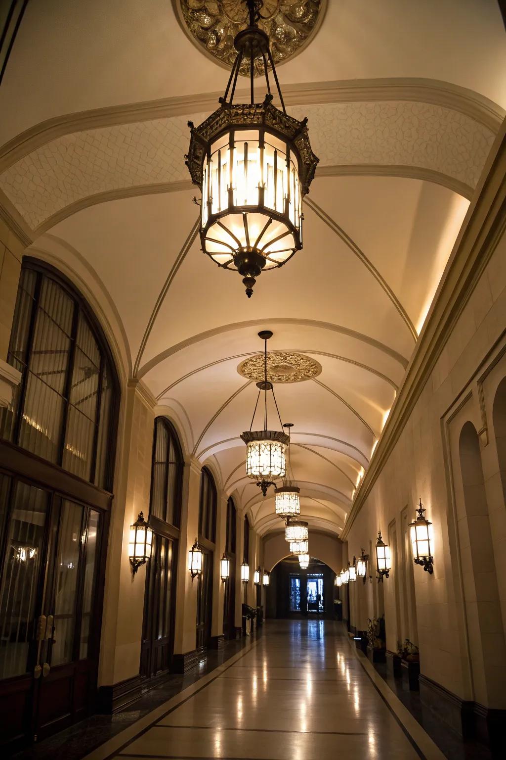 Drop lights bring a touch of refinement to hallways with soaring ceilings.