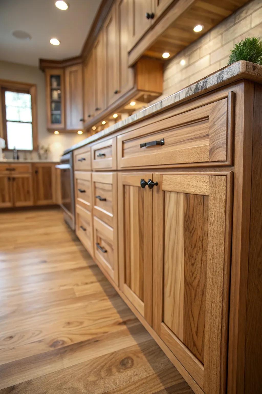Delight in the complex grain designs of walnut-toned wood fittings.