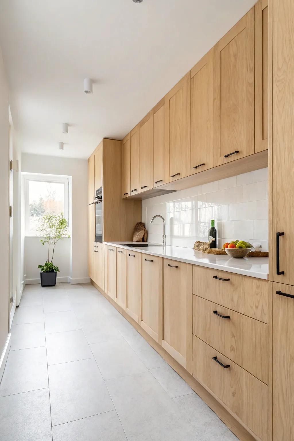 A minimalist kitchen featuring pale maple cabinets, characterized by pristine lines and subtle elegance.