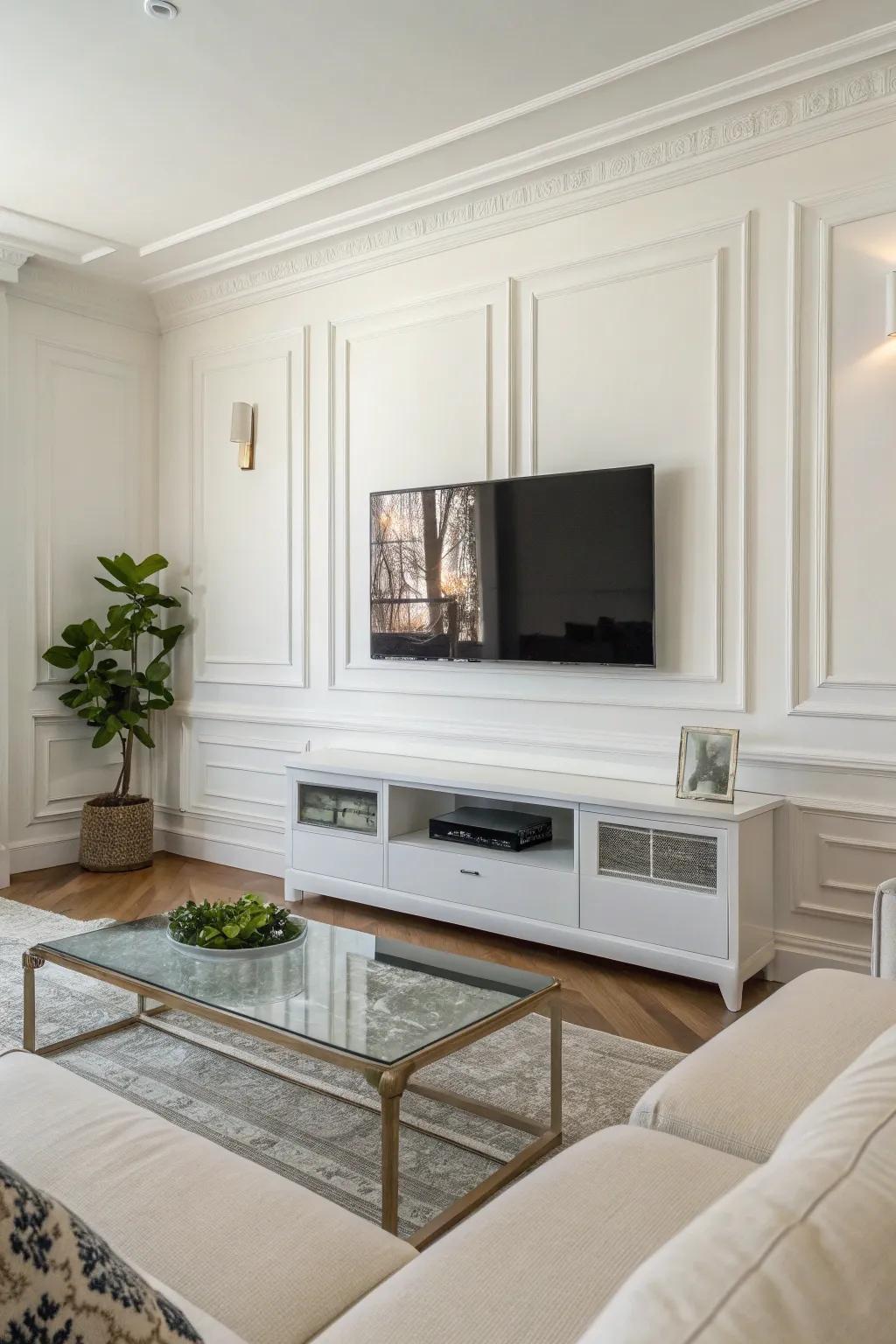 A wall-affixed TV offers a minimalist and refined look.