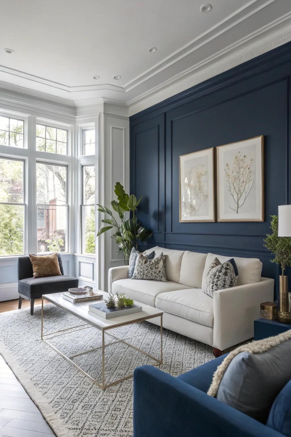 A magnificent living space displaying the compelling contrast between dark blue and white.