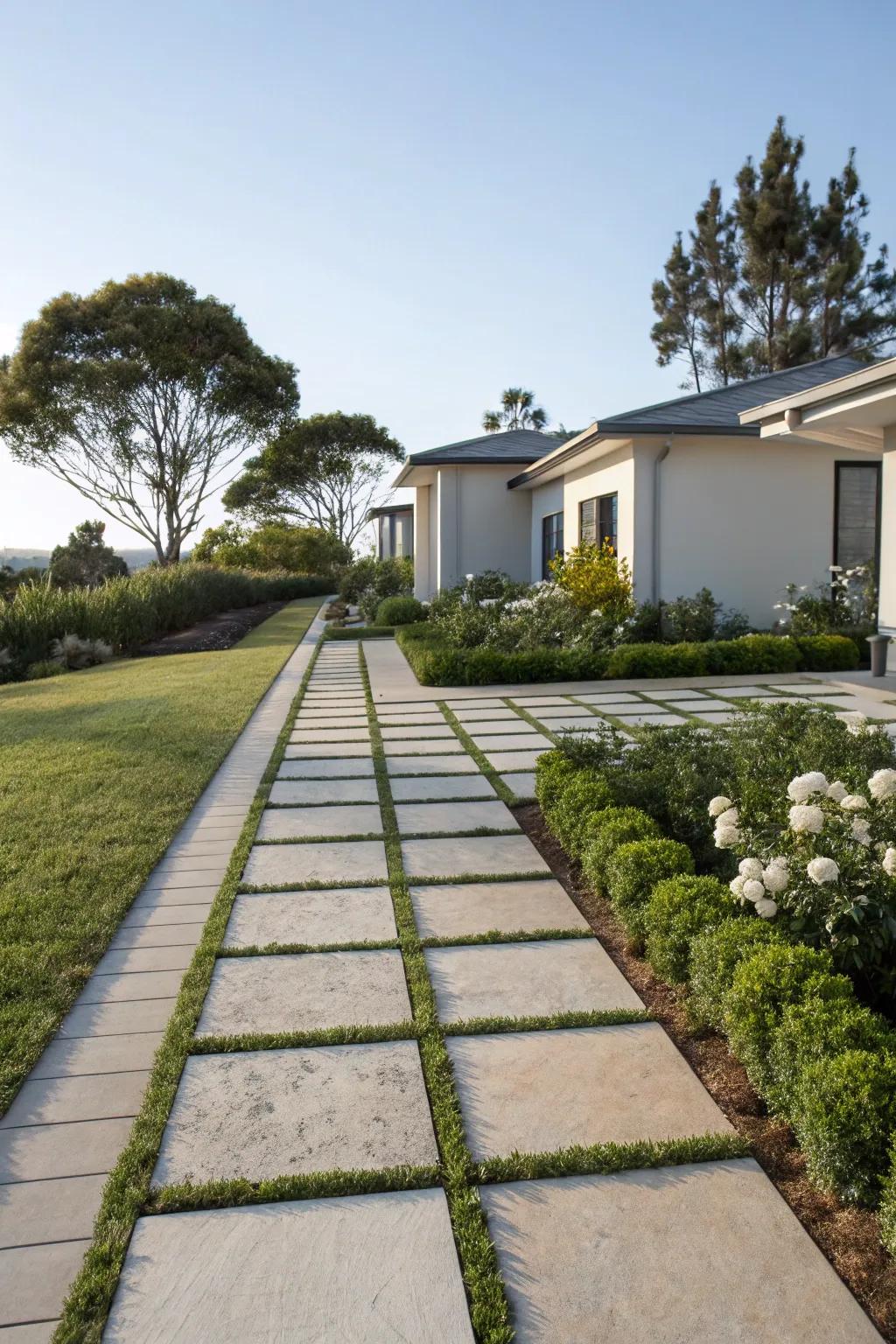 A modern front yard showcasing expansive paving stones that create a pristine, minimalist walkway.