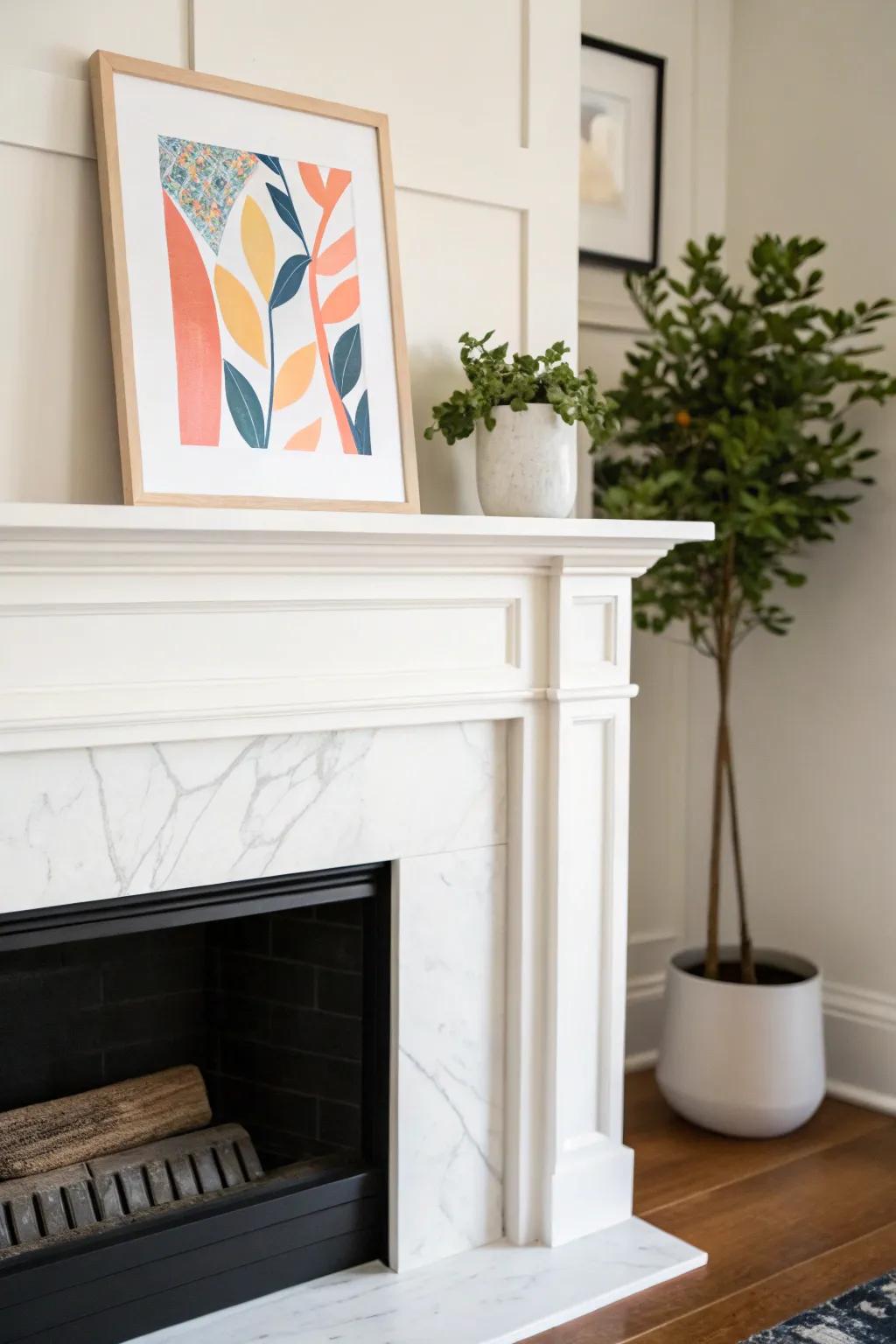 Simple mantel design highlighting uncluttered forms and simplicity.