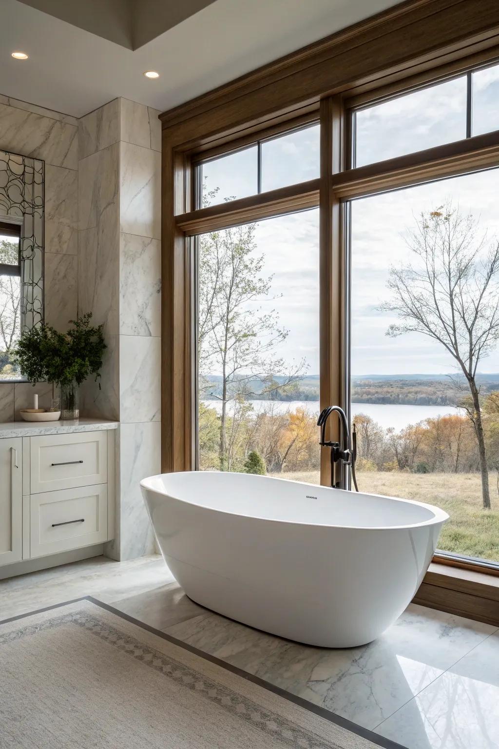 This contemporary bathroom features a standalone tub as its central design element.