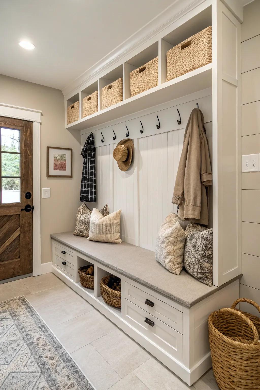 Refined bench seating complete with hidden storage for a perpetually tidy mudroom.