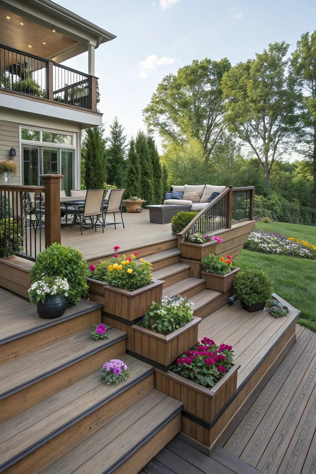 An exquisitely tiered deck showcasing an array of stunning views and comfortable seating arrangements.