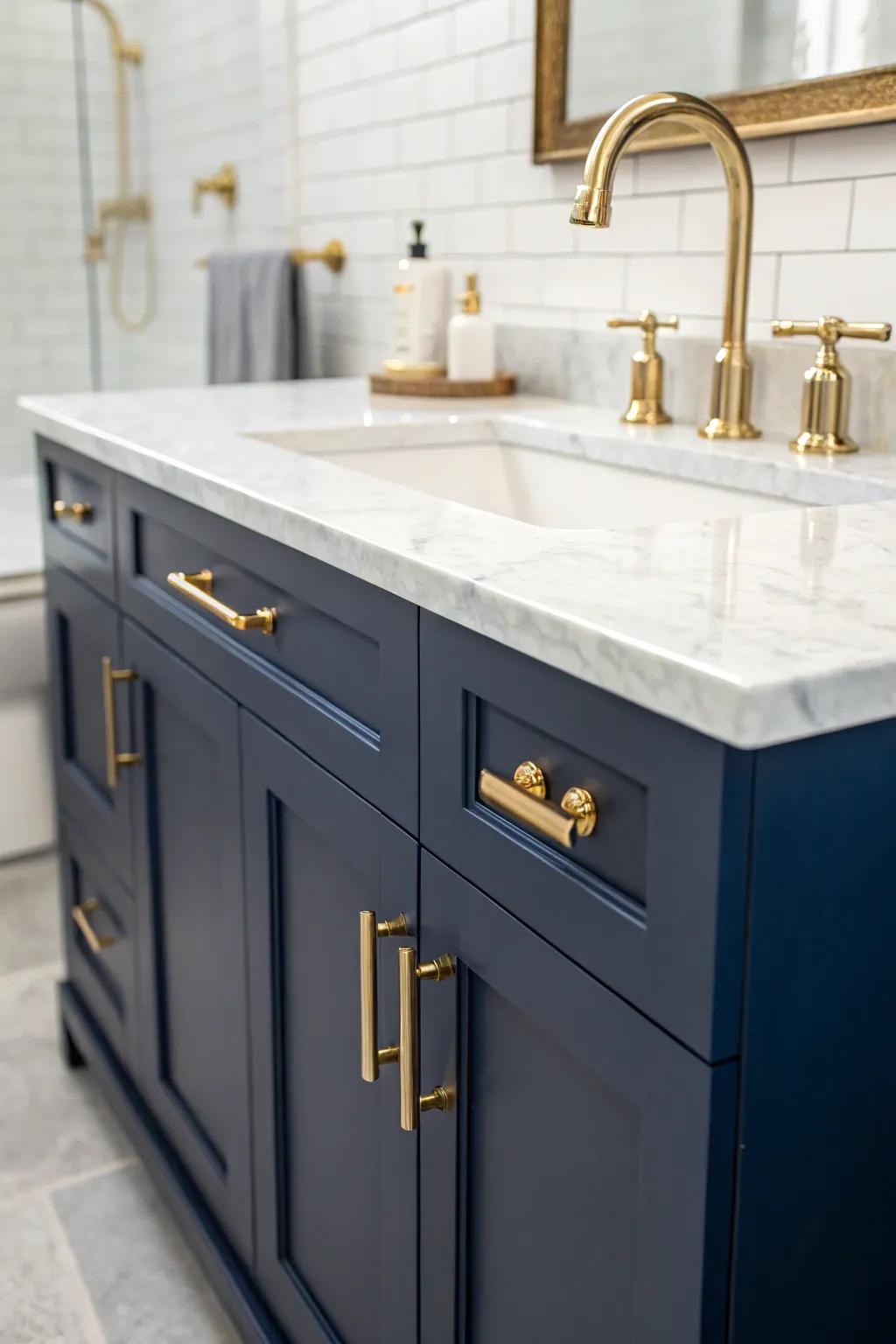 A midnight-toned vanity complemented by burnished brass fixtures creates a captivating visual contrast.
