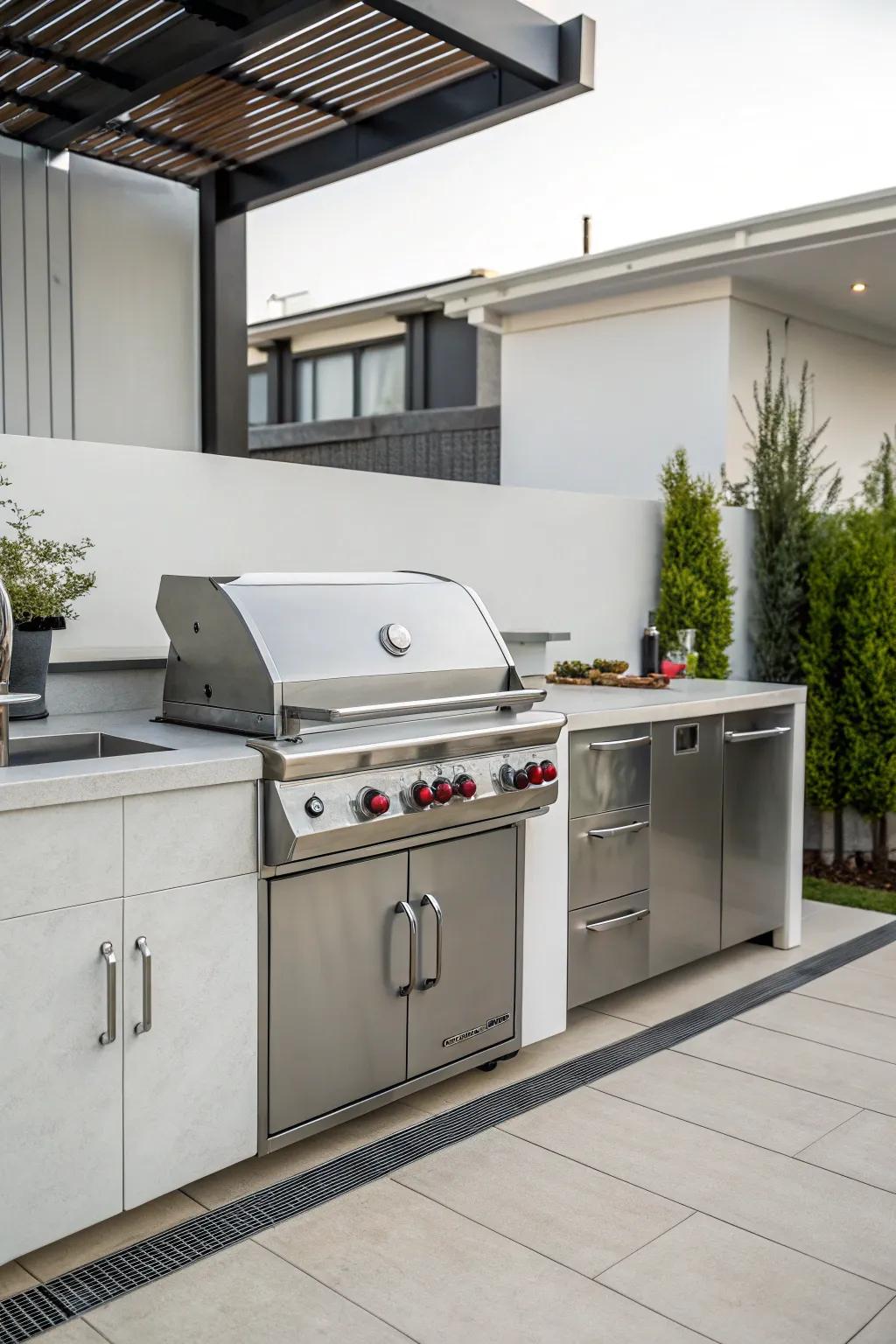 A sleek stainless steel grill that brings modern elegance to outdoor cooking.