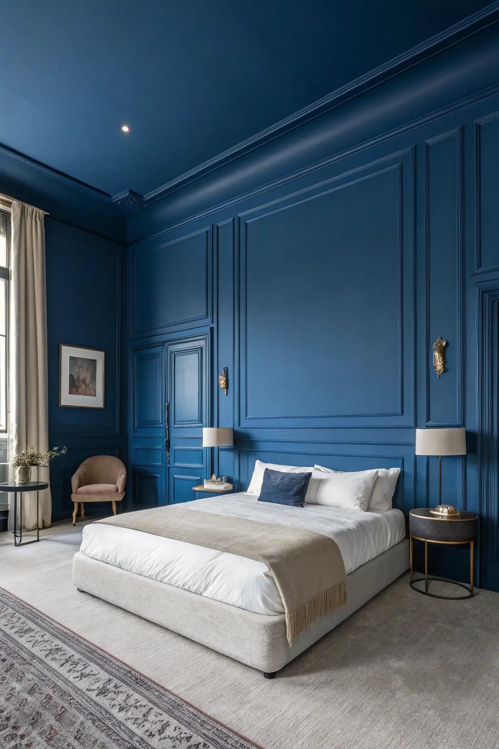 Profound sapphire blue walls provide a remarkable and tasteful backdrop in a contemporary bedroom.