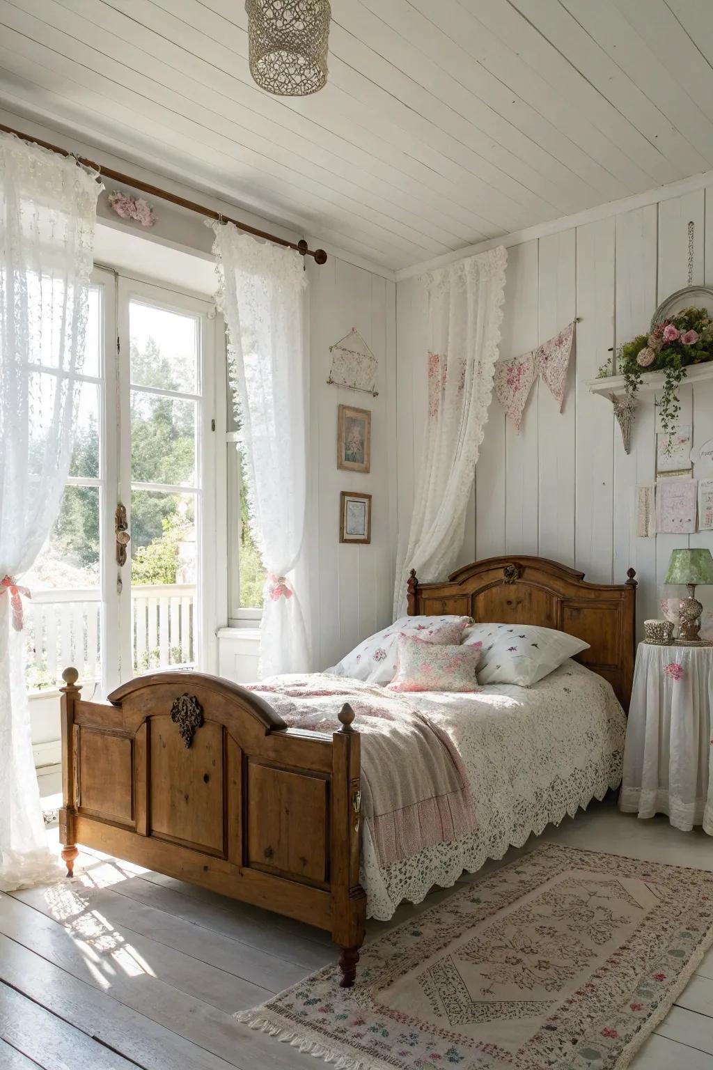 A shabby chic bedroom showcasing a pristine white base, cultivating a serene ambiance.