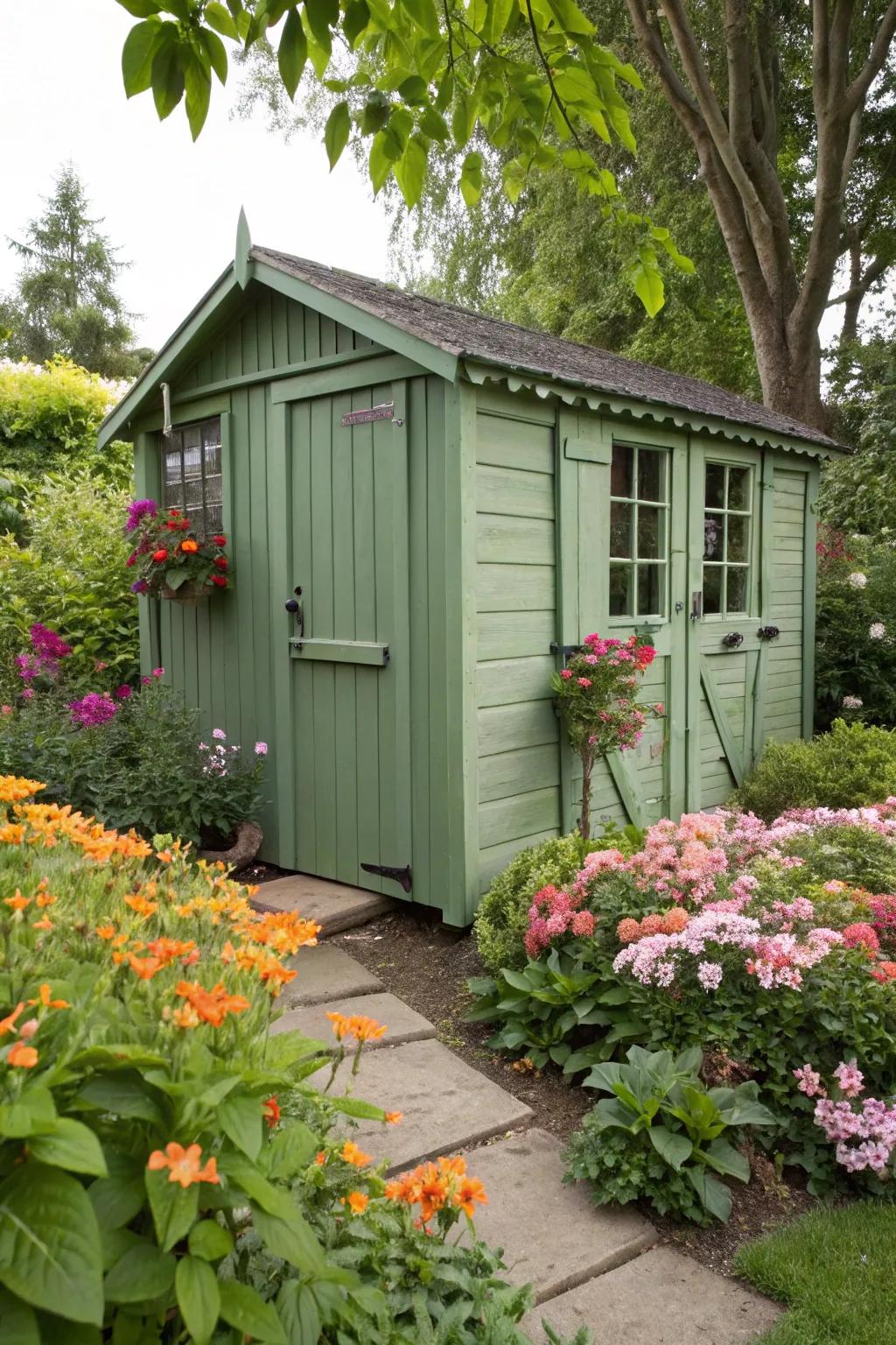 A green stone shed placed inside a lively garden.