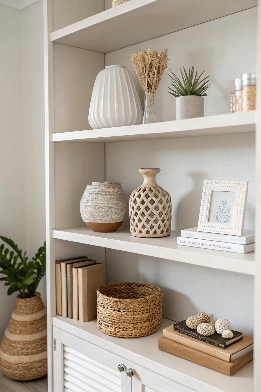 Achieve minimalist elegance with a tidy, streamlined shelf arrangement.