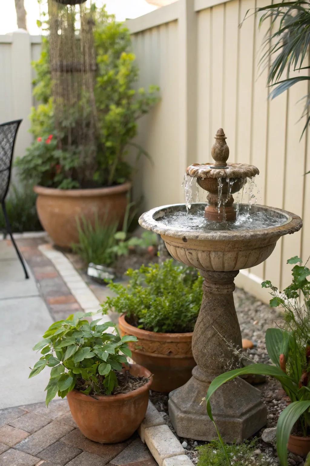A Zen-inspired area showcasing a serene water fountain and verdant foliage.