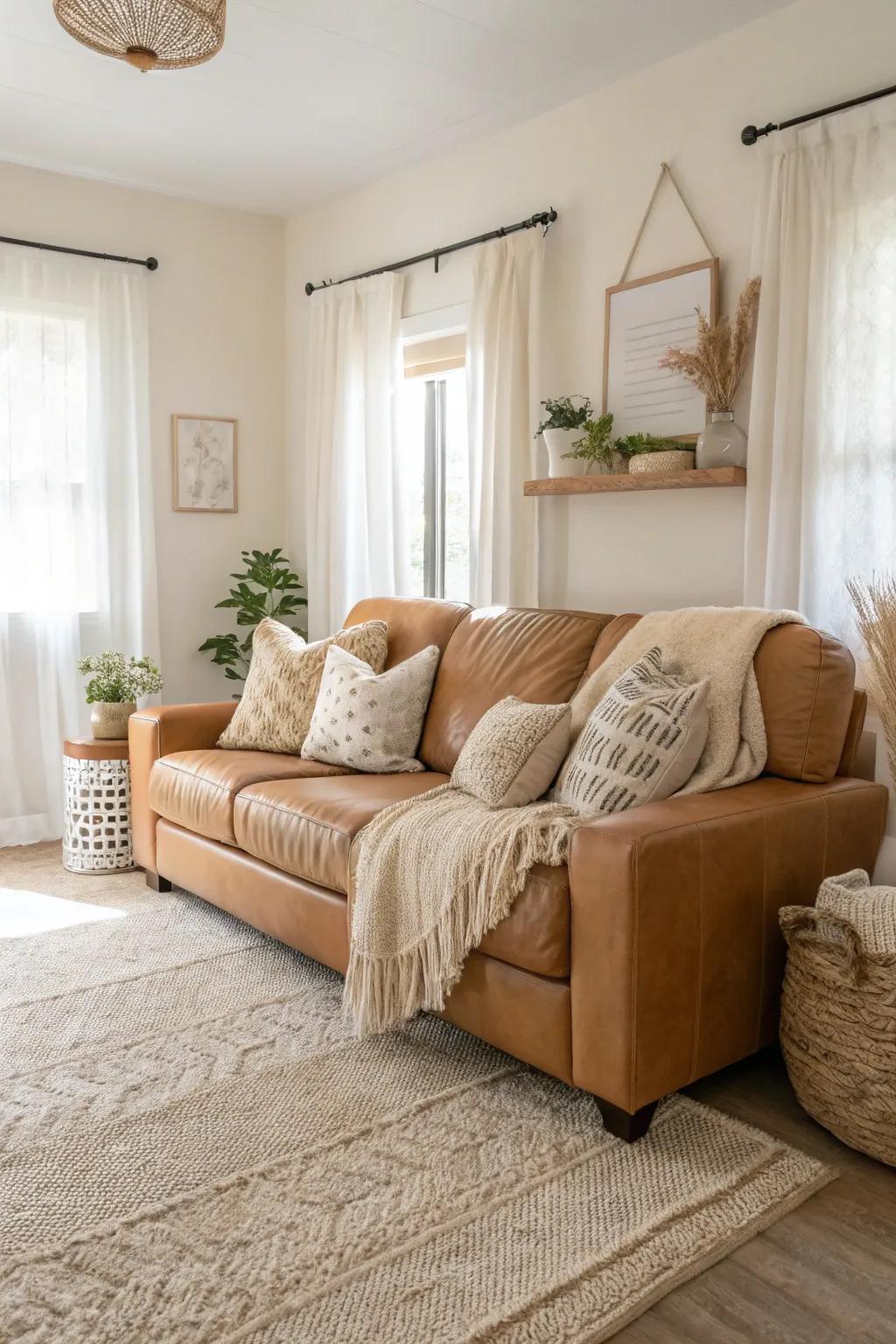 A serene living space featuring a tawny hide couch and muted color schemes.