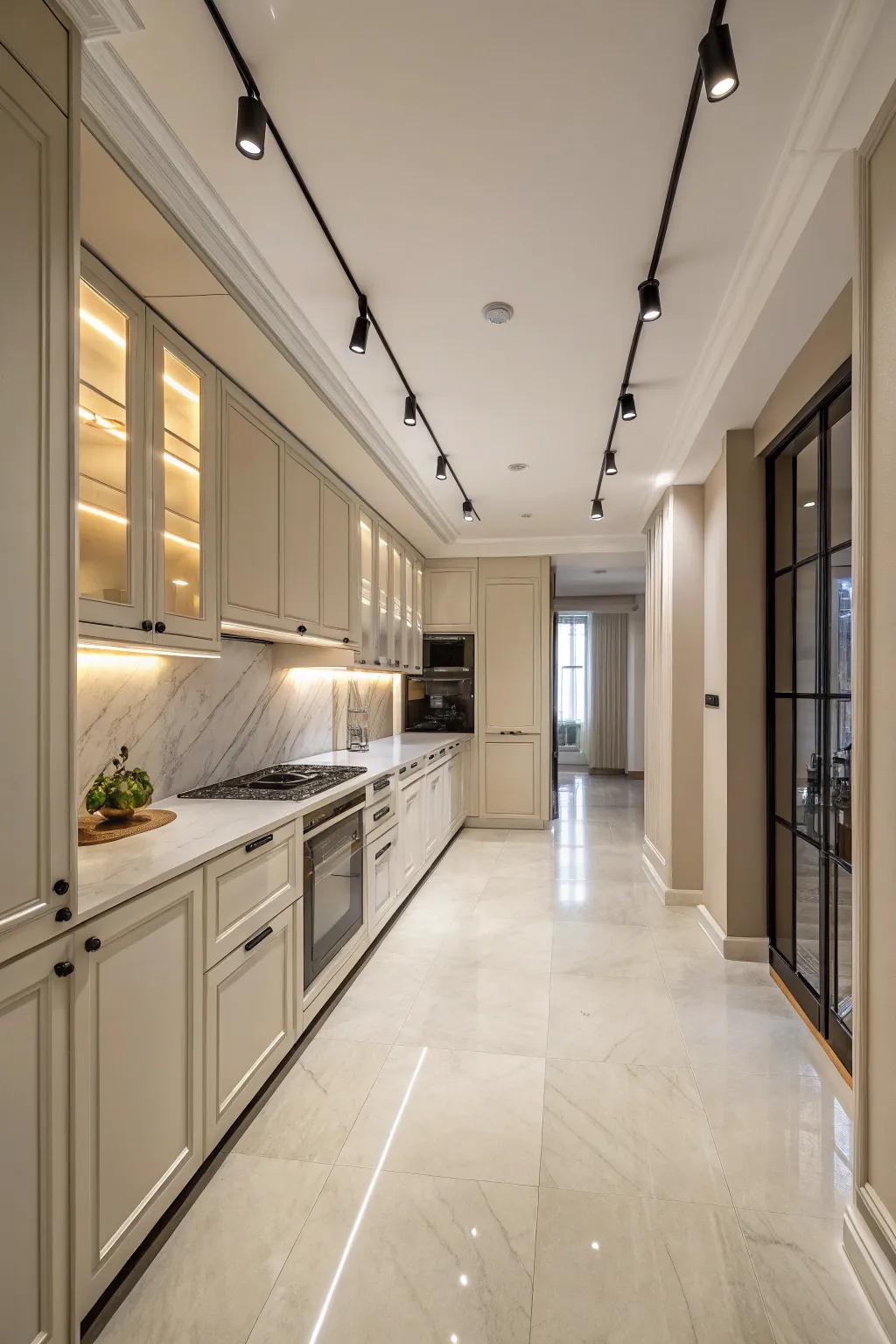 A modern kitchen showcasing minimalist rail lighting with uncluttered lines.