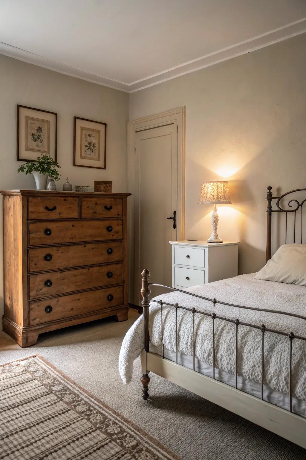 A time-honored dresser infuses character, while a minimalist bed frame maintains the room's contemporary feel.