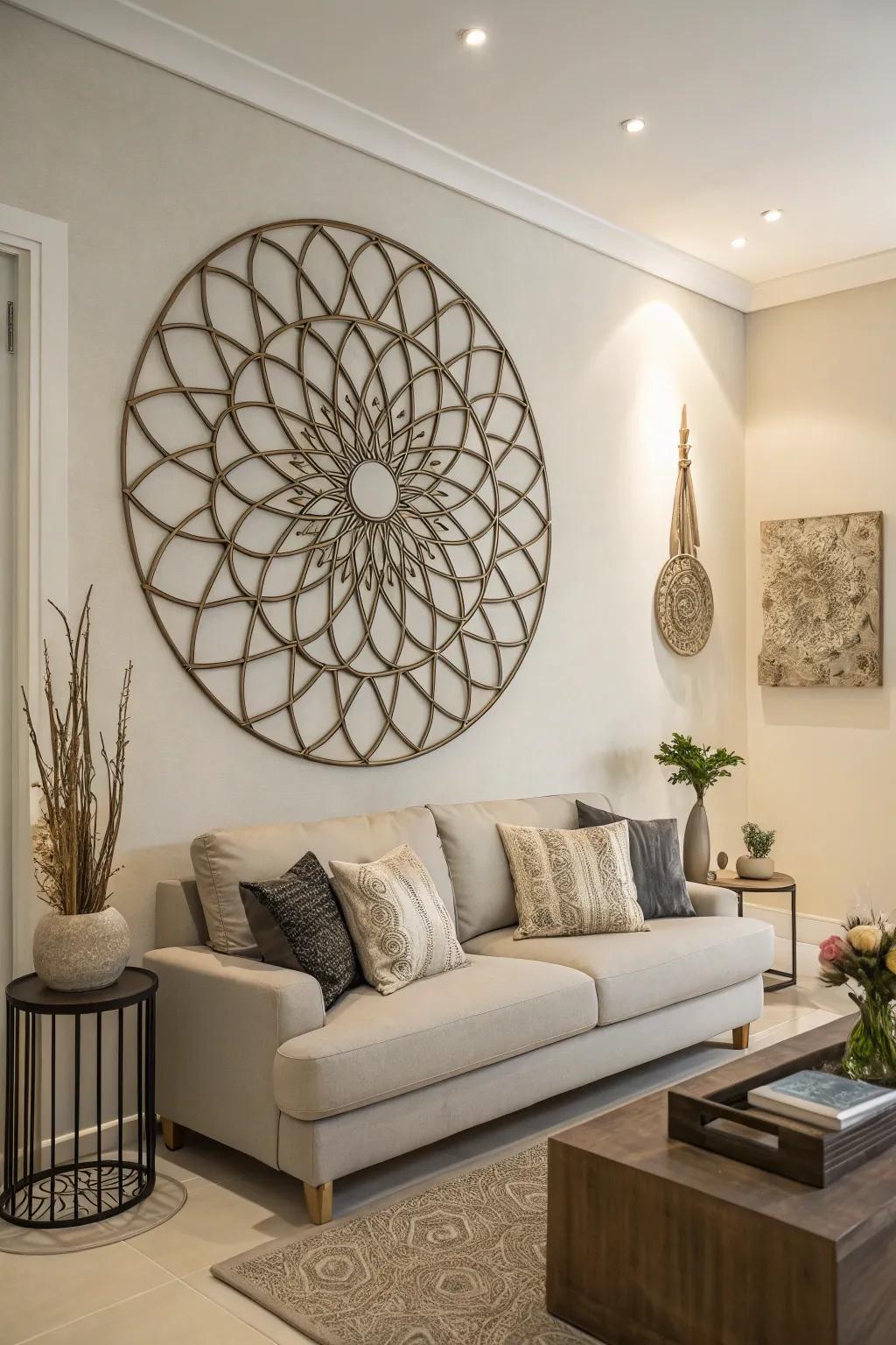 3D metal wall art enriching a minimalist living space.