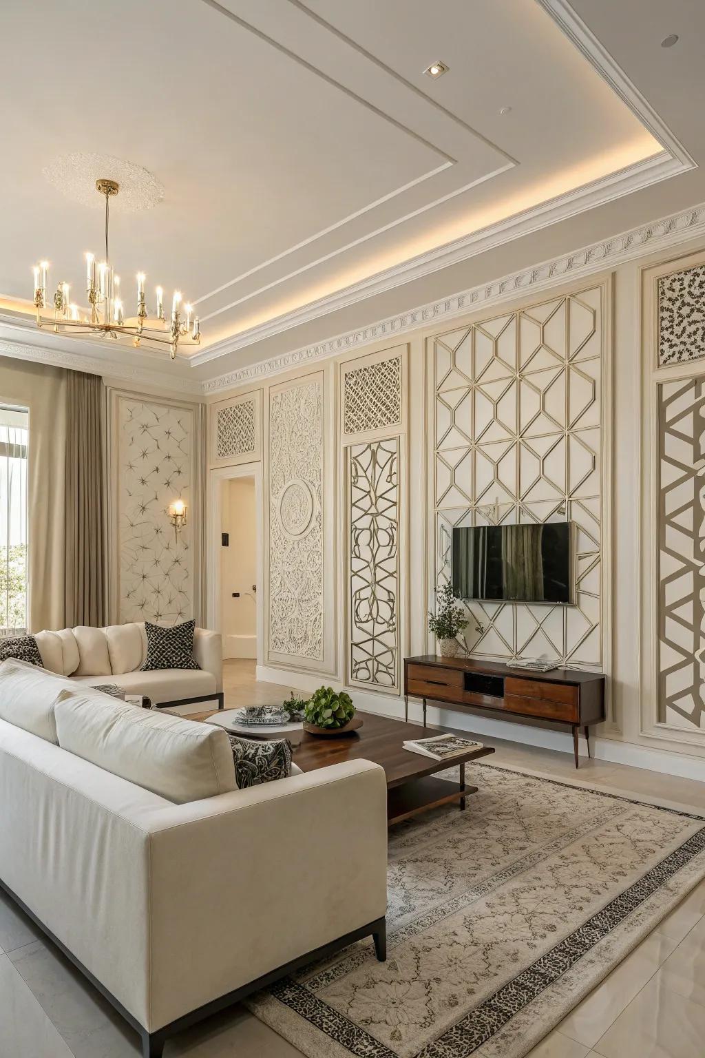 Geometric embellishments to the walls infuse a captivating visual allure into any given space.