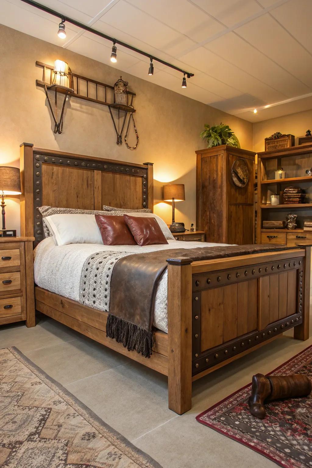 Untreated components such as timber and leather lay the groundwork for an inviting western bedroom.