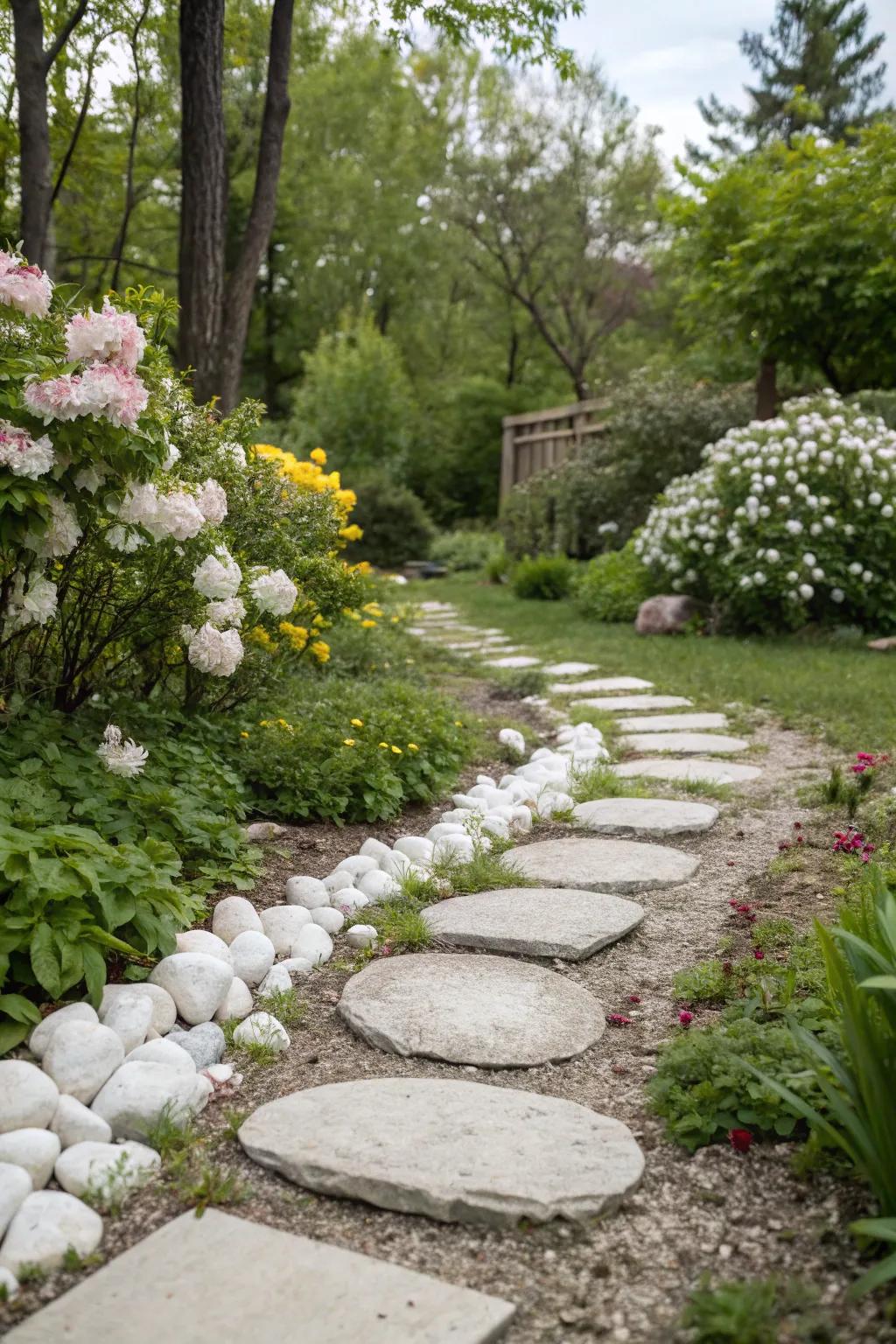 An enchanting garden route fashioned from pale stones and pathway blocks, inviting exploration.