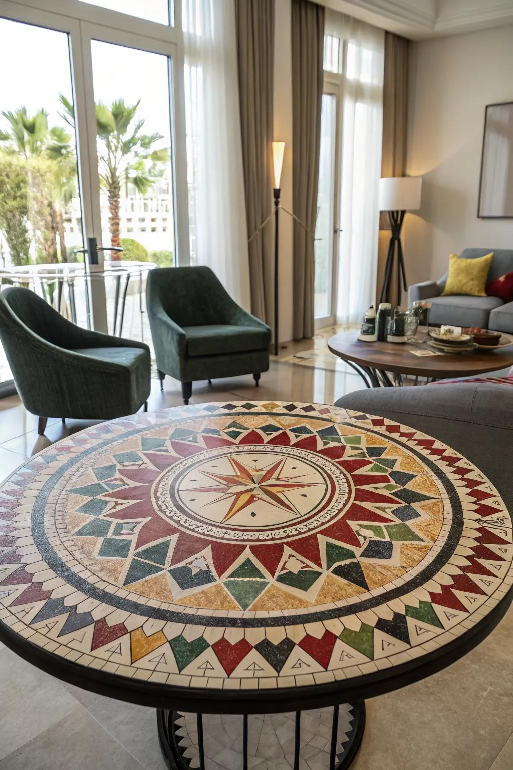 A circular mosaic table showcasing vibrant geometric designs infuses any space with contemporary elegance.