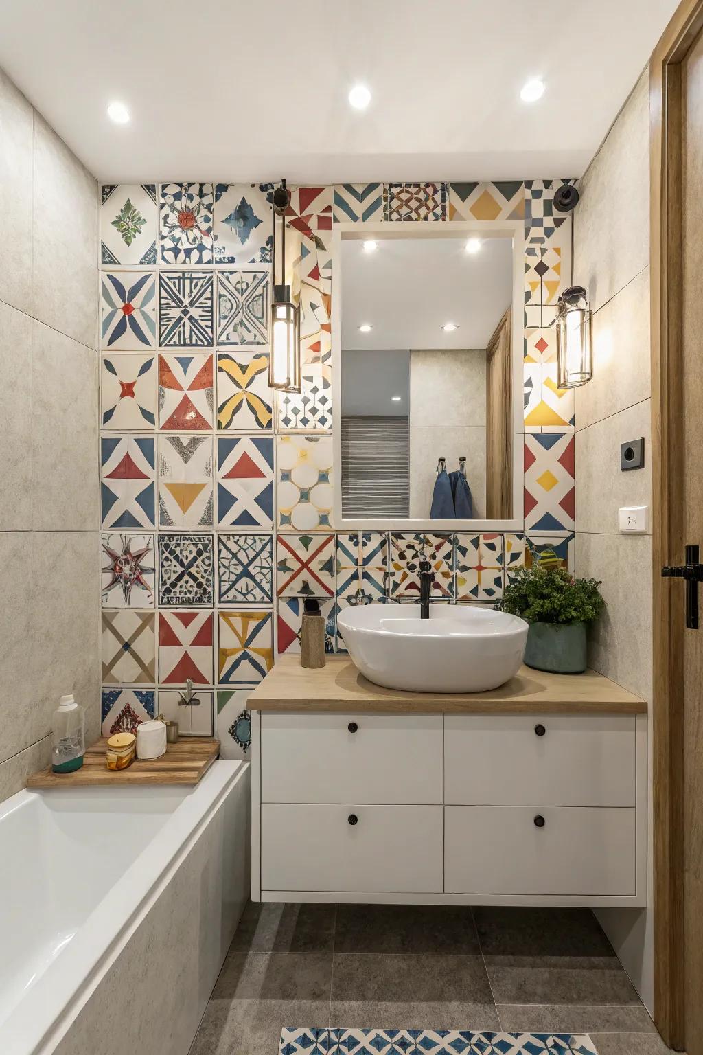 A bathroom design displaying current shaped pattern mosaic tiles.
