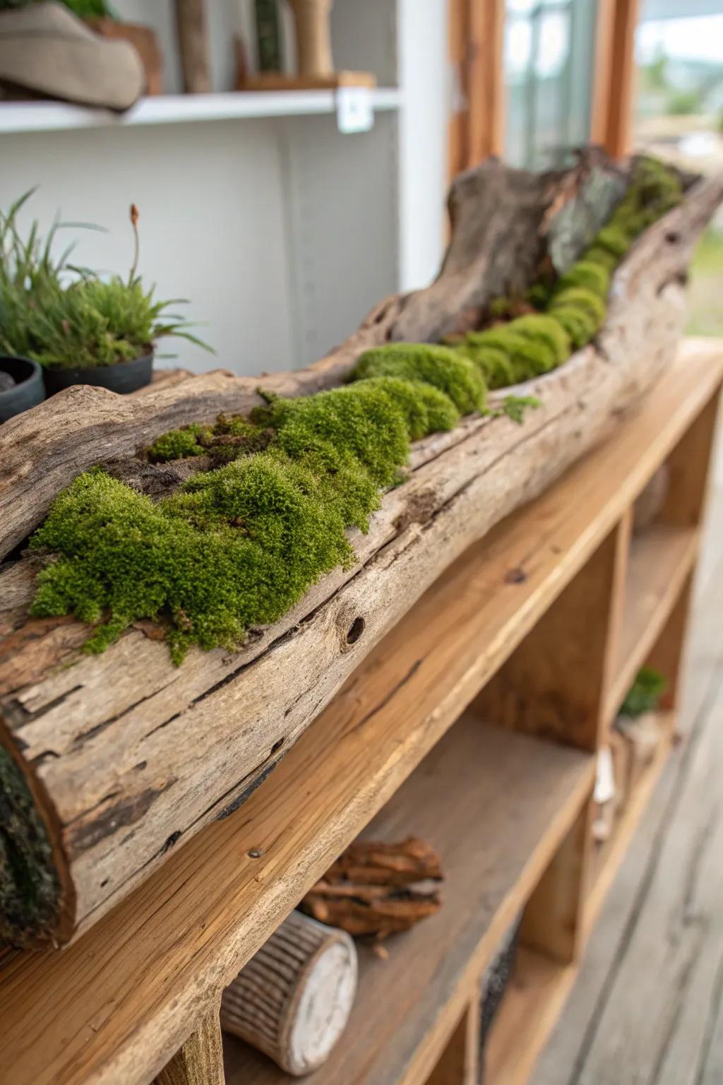 A natural wood planter displaying flourishing vegetation, ideally complementing a natural decorative motif.
