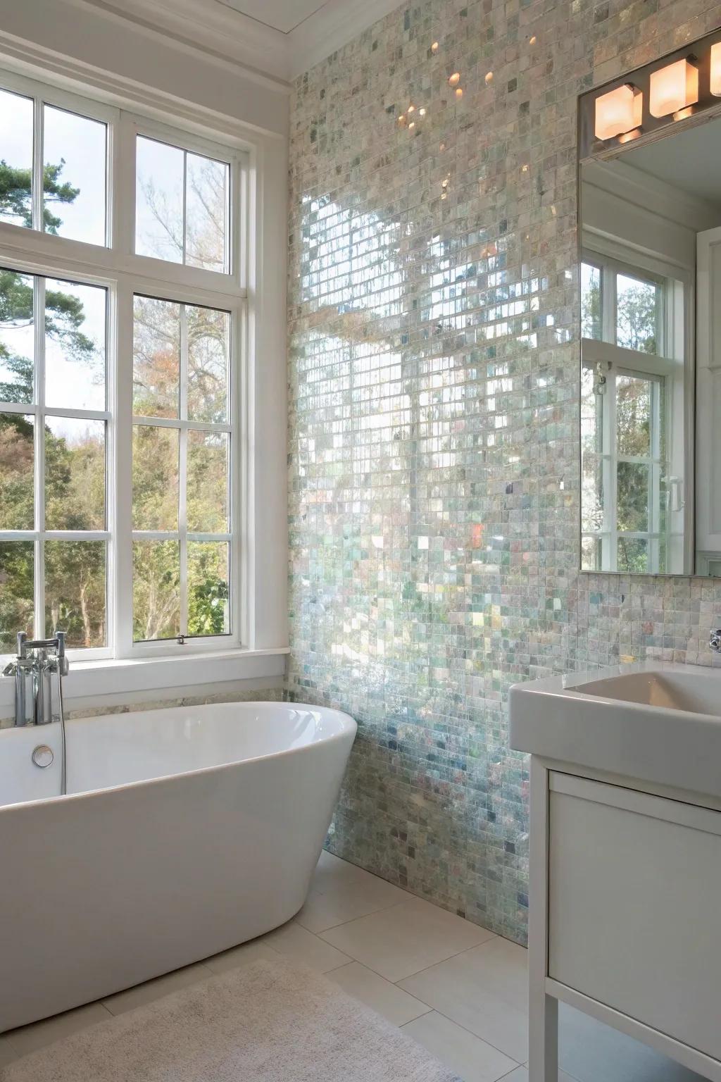 A mother of pearl statement wall introduces an element of luxury and serenity to any bathroom.
