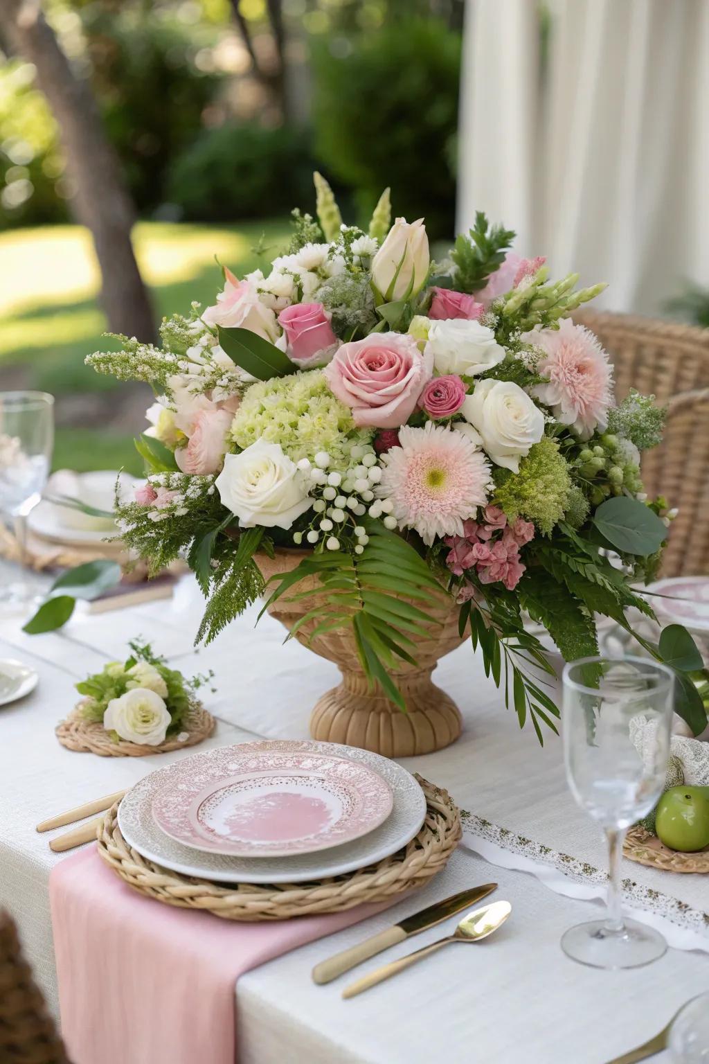 A striking botanical centerpiece designed for a Mother's Day brunch.