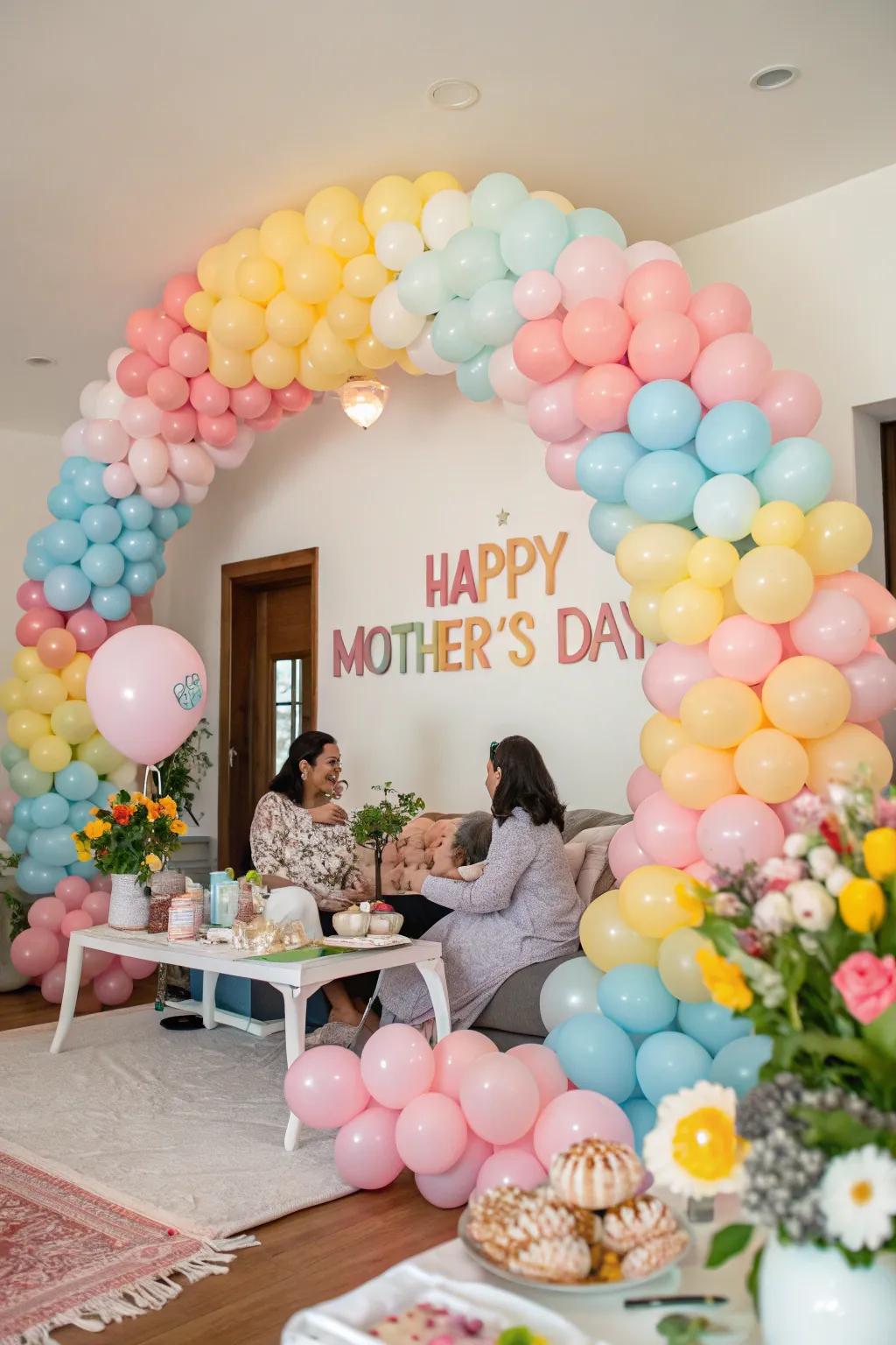 A radiant pastel balloon arch, the ideal centerpiece for Mother's Day celebrations.