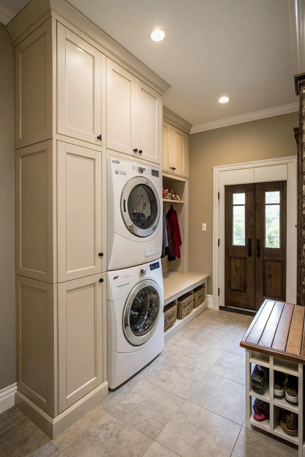 Appliances placed one over the other create room for extra storage in a small mudroom.