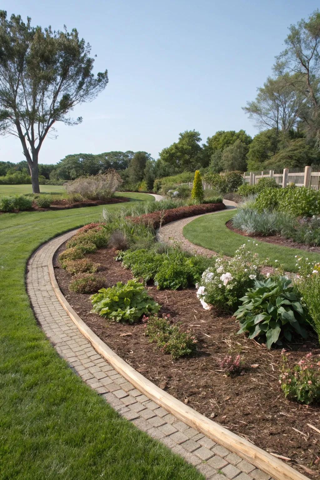 Curved mulch borders craft a gentle, organic aesthetic.
