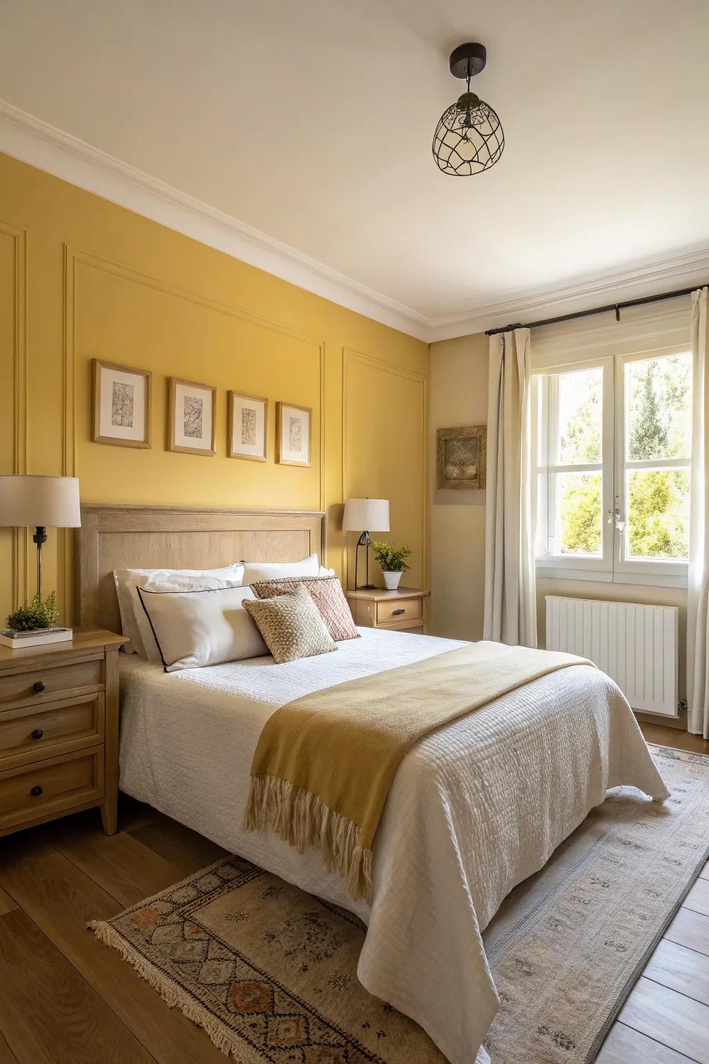 A sleeping chamber showcasing an amber accent wall, harmoniously aligned with understated decor and gentle illumination.