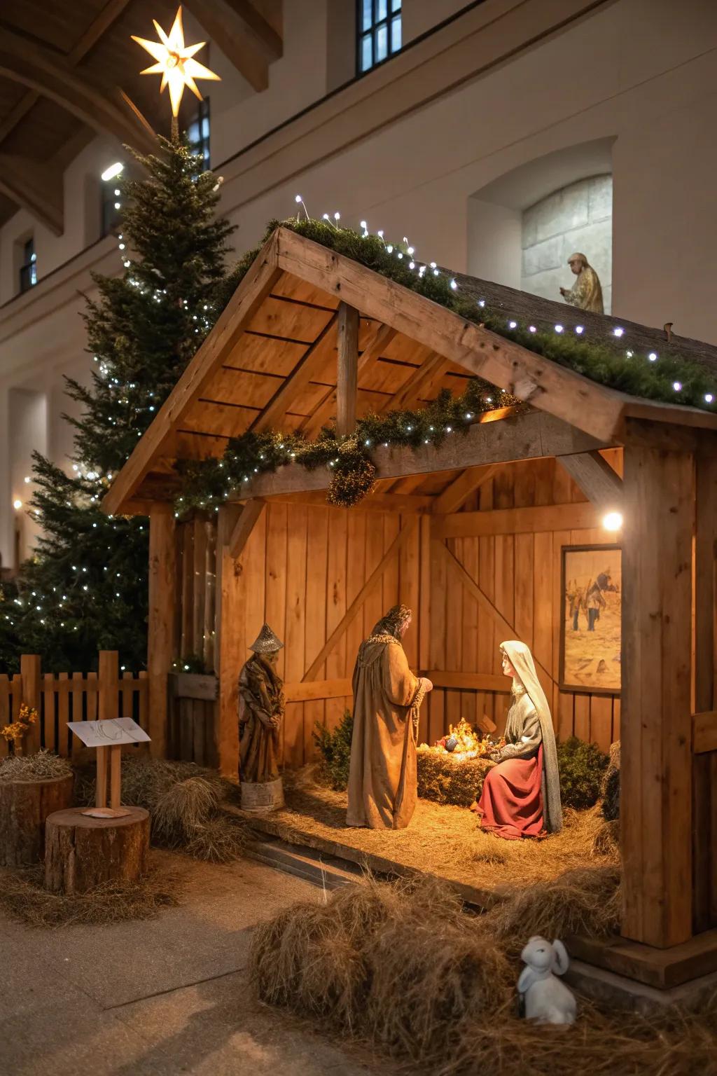 A rustic wooden manger evokes classic appeal in a nativity scene.
