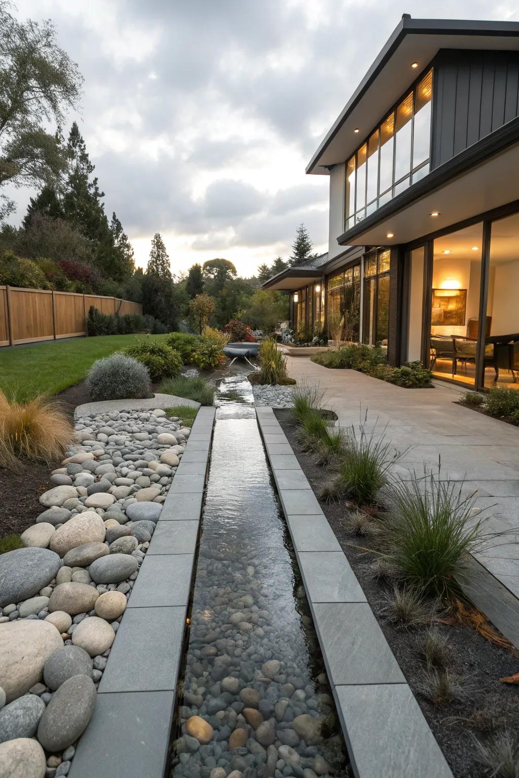 A streamlined, straight stream design for a modern garden.