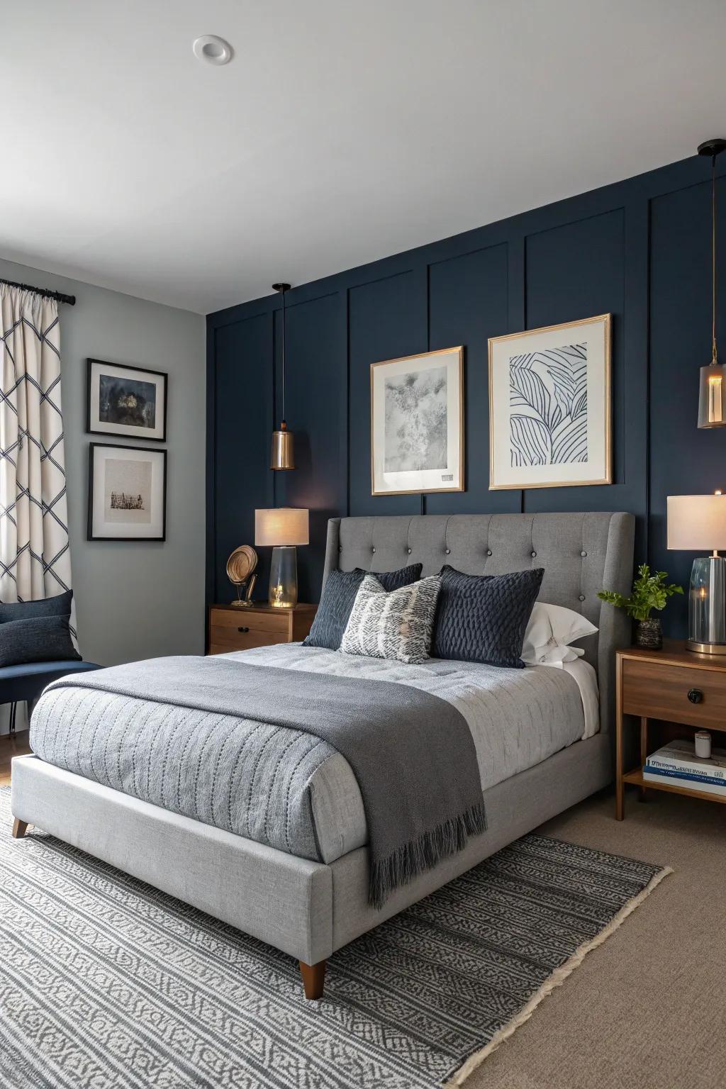 A navy accent wall adds dramatic depth and elegance to this cozy bedroom.