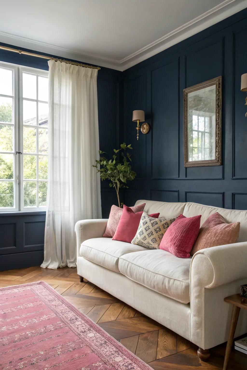 Navy walls act as a striking stage for playful pink elements.