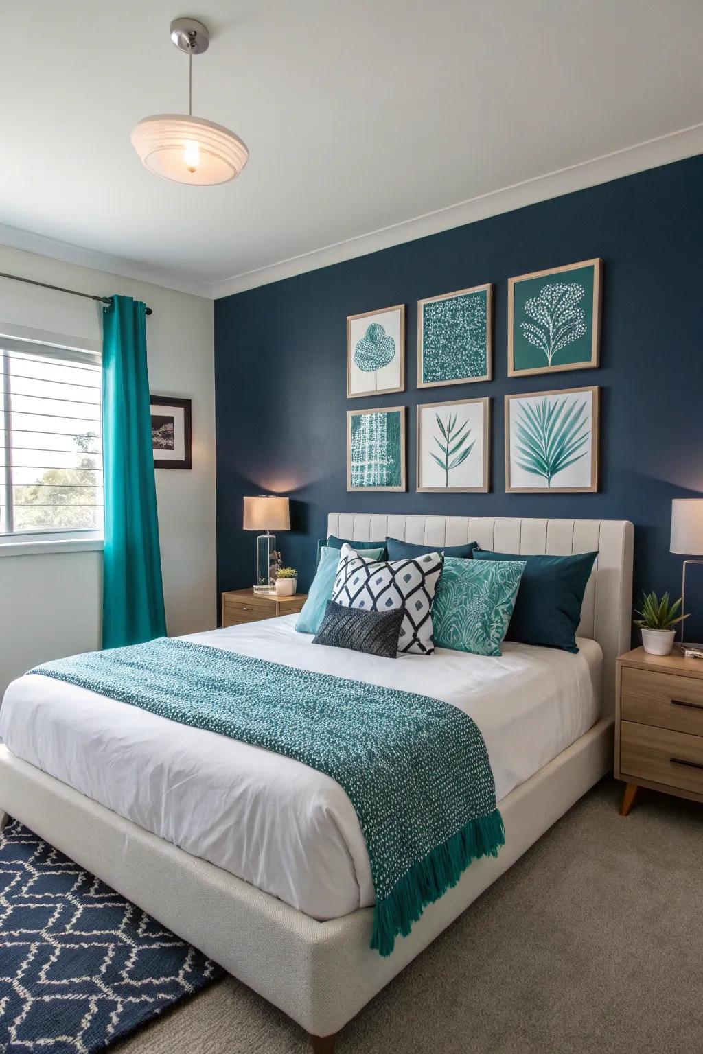 A navy accent wall gives your bedroom depth and a touch of drama.