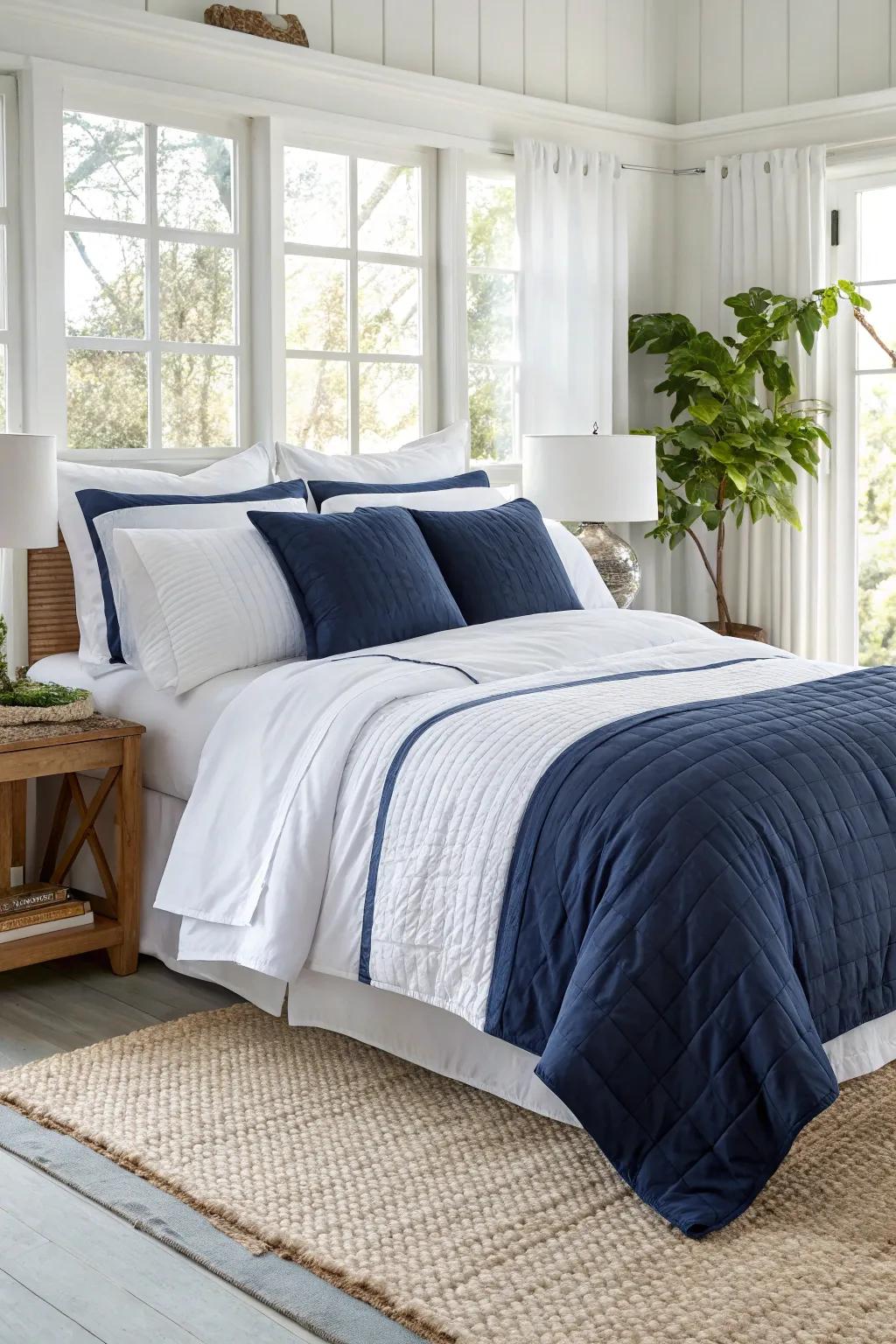 Get a classic look using layered dark blue and white linens.