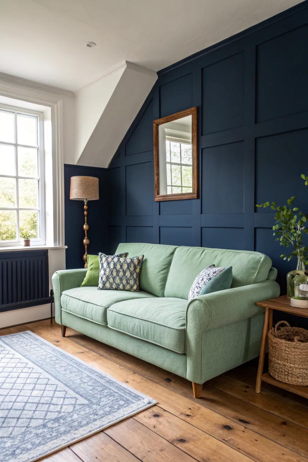 Abyssal accent wall enriches a snug family space.
