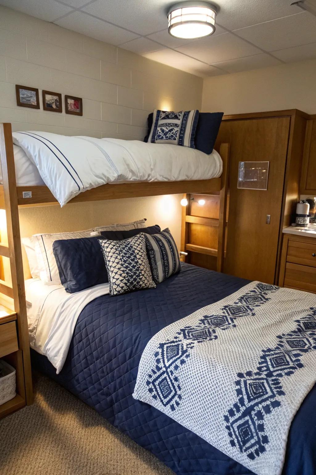 Construct a serene haven with deep blue bedding as your dorm's focal point.