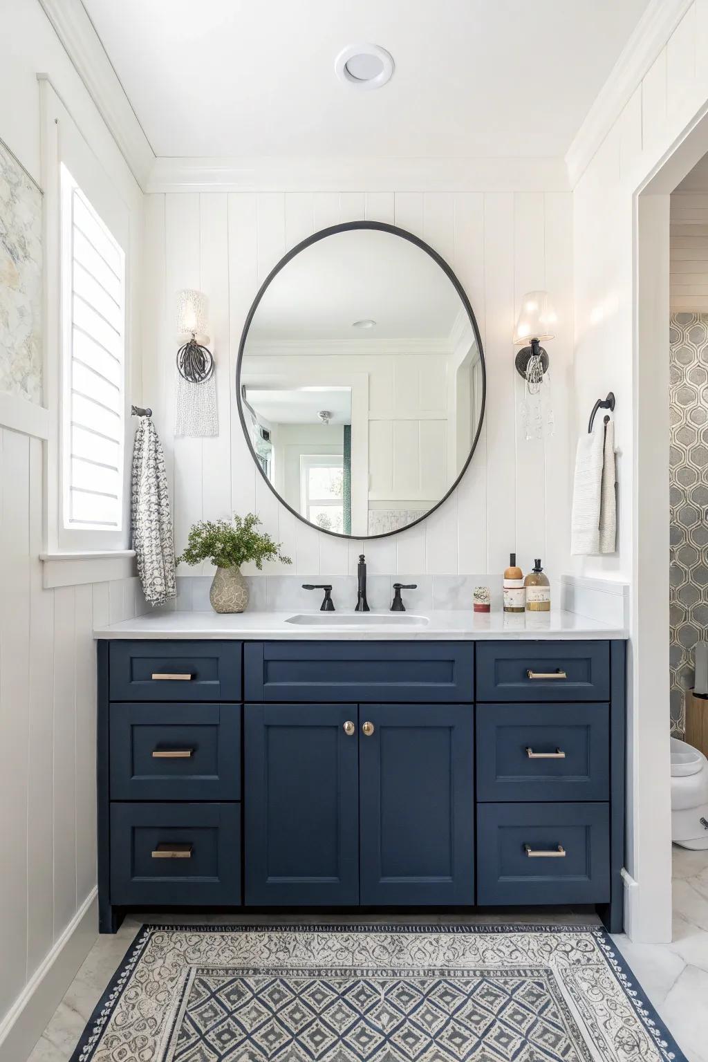 A quintessential contrast of deep sea blue and alabaster.