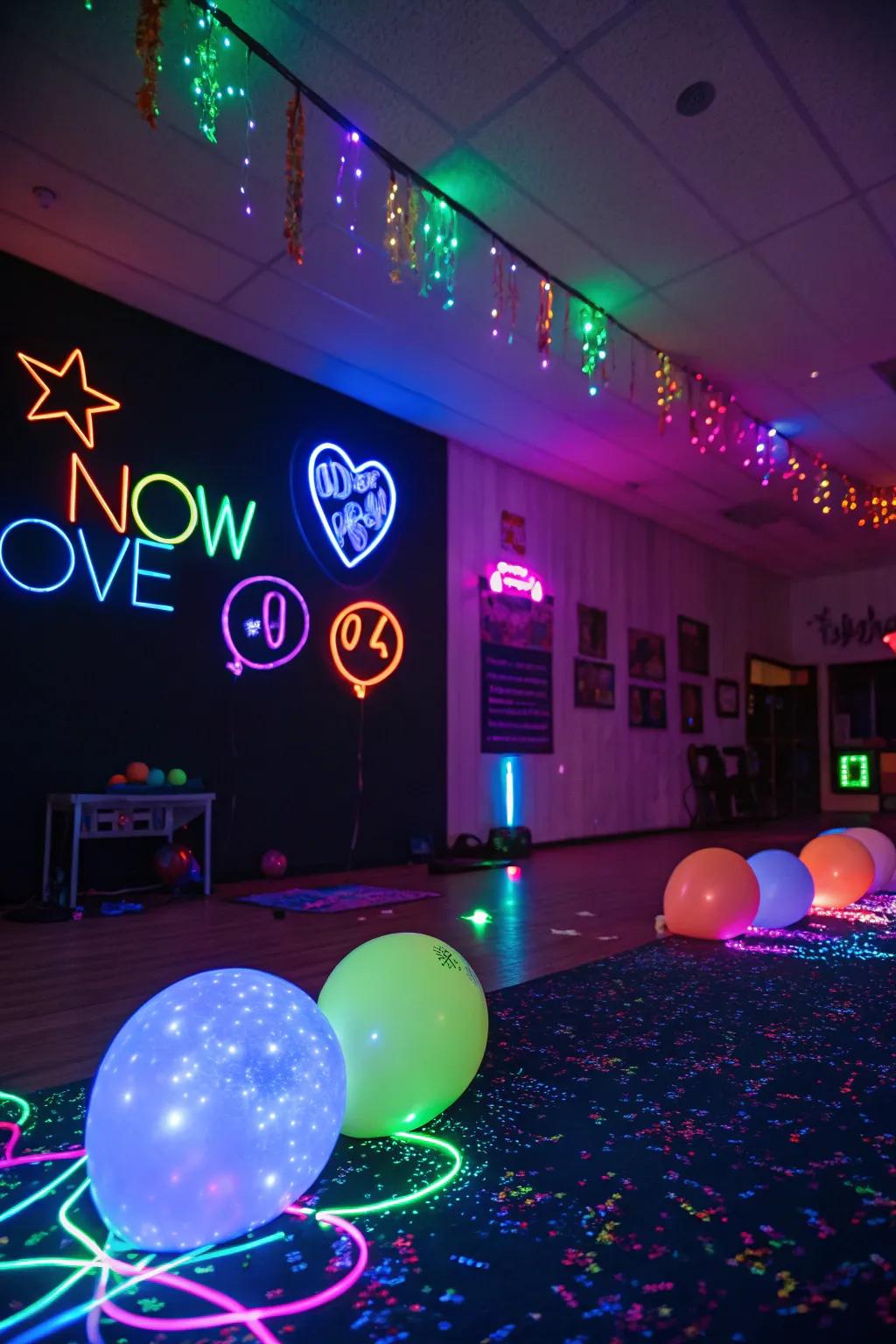 A space revolutionized by blacklights, spotlighting radiant neon adornments for a spellbinding party setting.