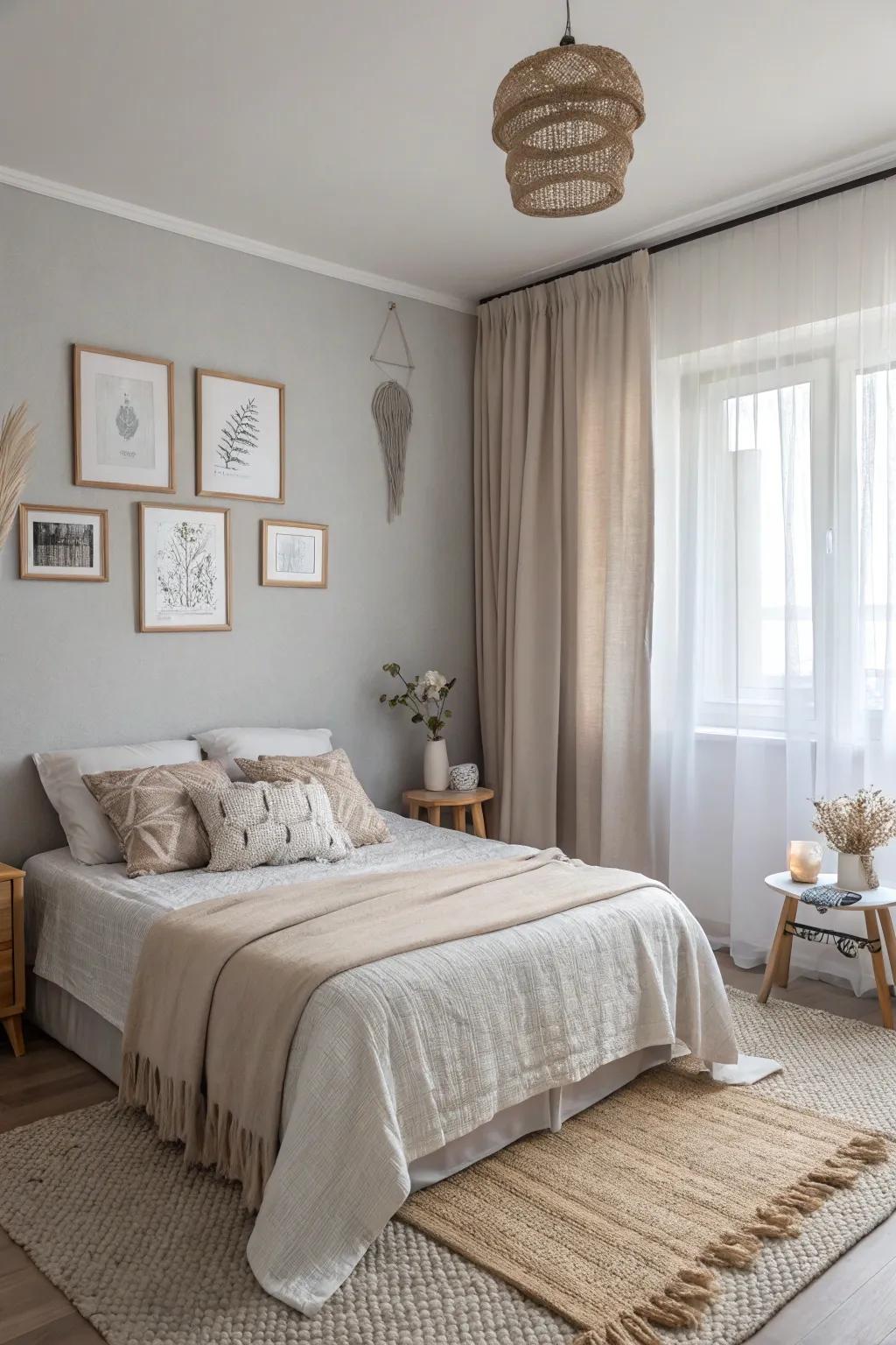A bedroom showcasing a soothing soft color scheme featuring whites and beiges.