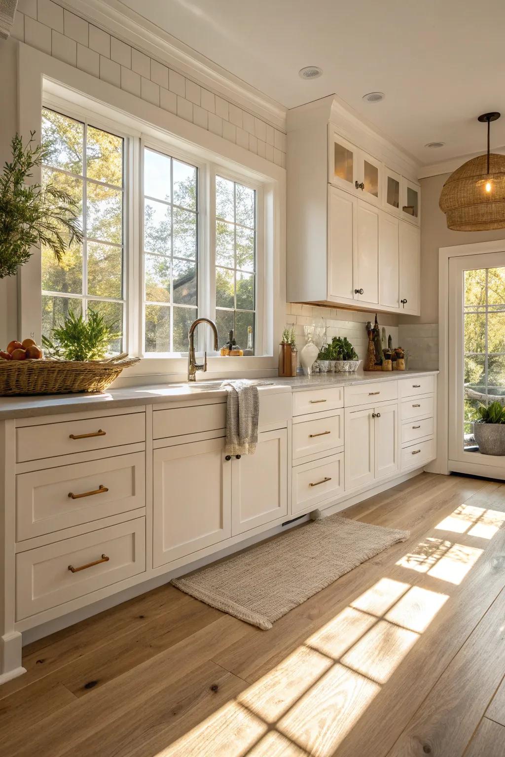 Gentle whites fashion a spotless and peaceful kitchen setting.