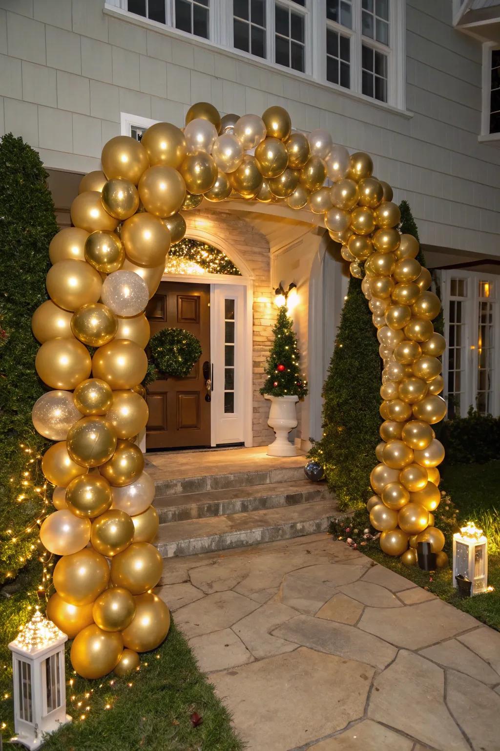 A luminous gold balloon archway warmly welcomes guests to a sophisticated New Year's Eve gathering.
