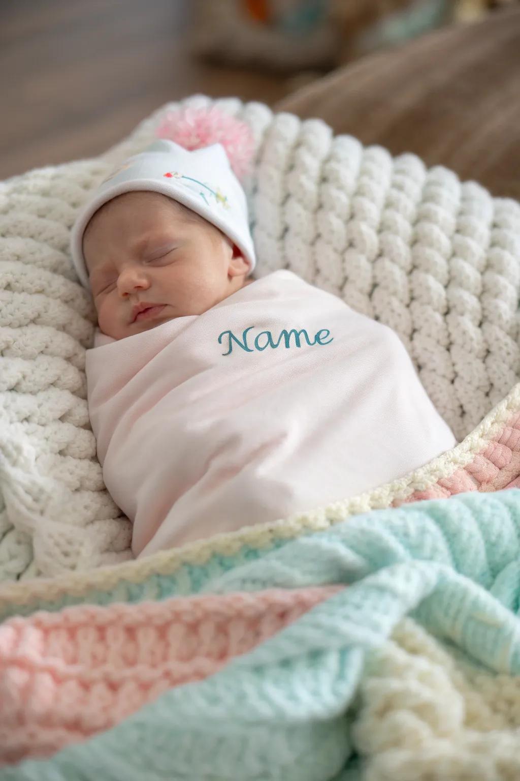 A newborn serenely wrapped in a personalized blanket.