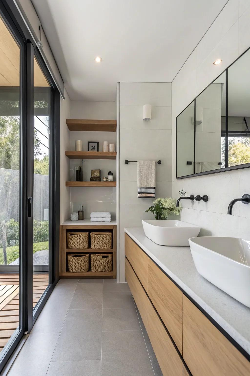 A modern bathroom that highlights an open, spacious design featuring streamlined storage solutions.